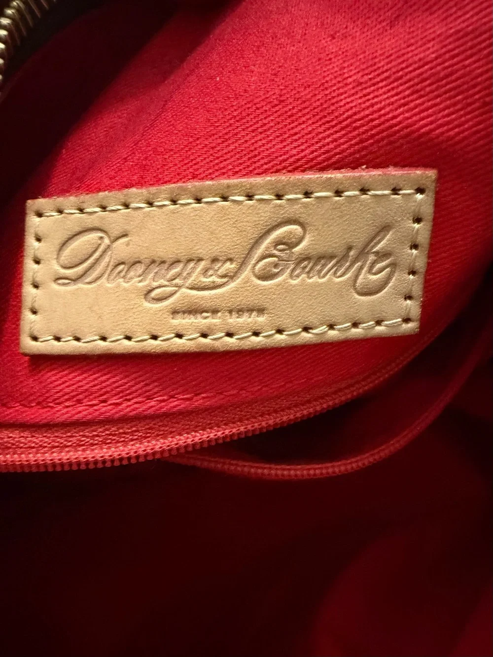 Dooney & Bourke Black Patent Shoulder Bag with Tan Trim and Red Lining